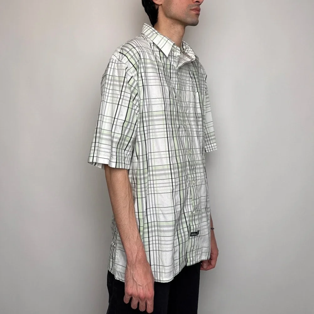 Southpole Mens XL Short Sleeve Button Down Shirt Plaid Lime Green Y2K Baggy - Picture 4 of 11